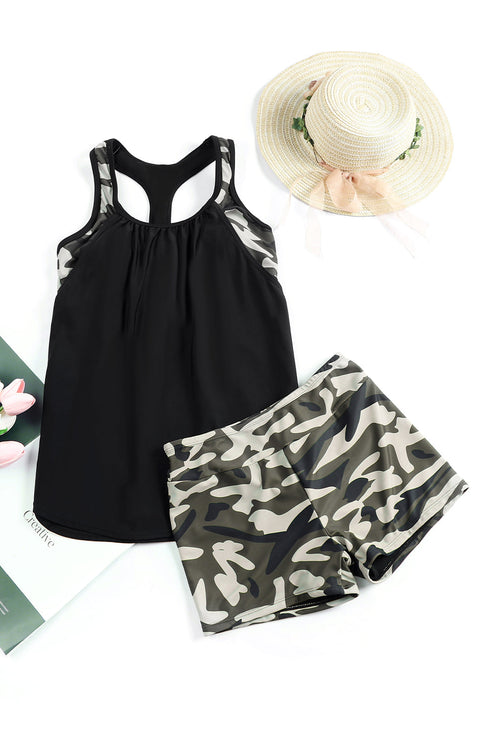 Black Contrast Splice Racerback Tankini Printed 2Pcs Set